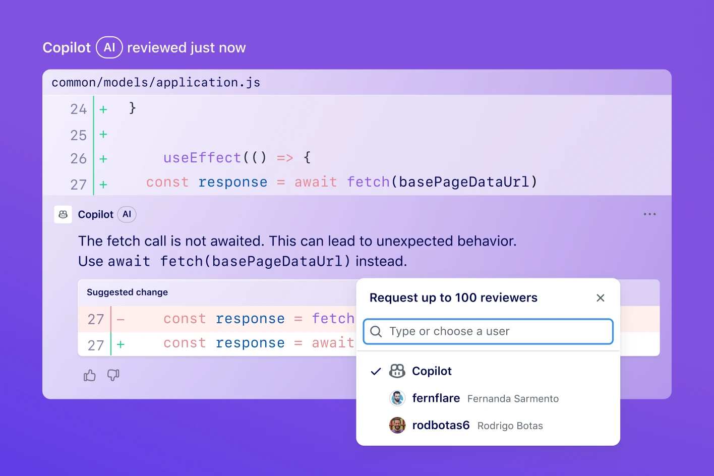 GitHub Copilot performing a code review. In an active popover where reviewers can be requested, Copilot is selected.