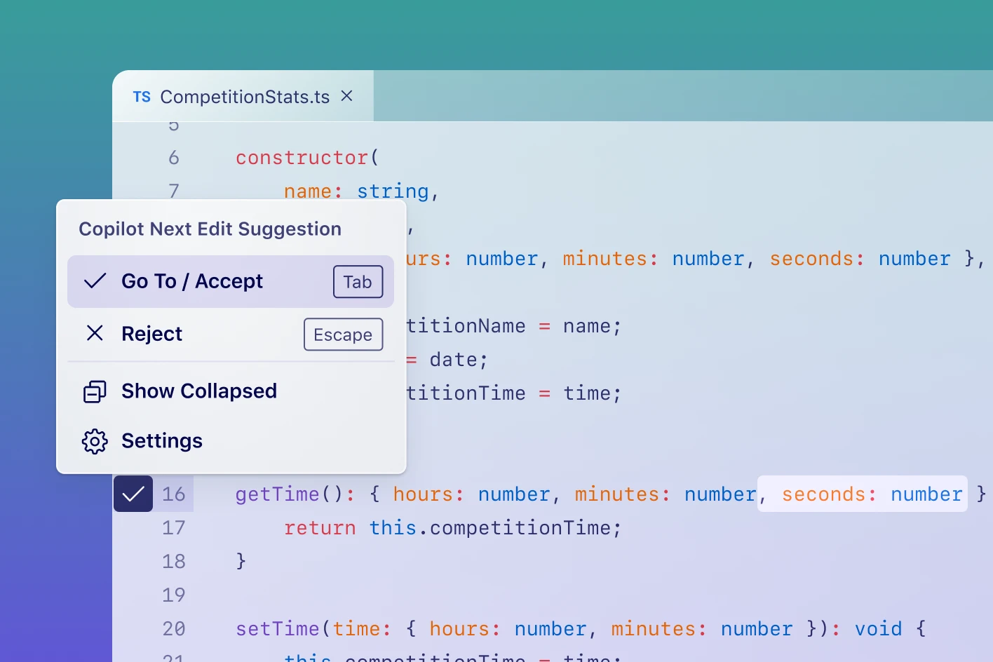 Active popover above a checkmark button indicator in front of a line of code with the options: Go To/Accept (tab key), Reject (escape key), Show Collapsed, and Settings.