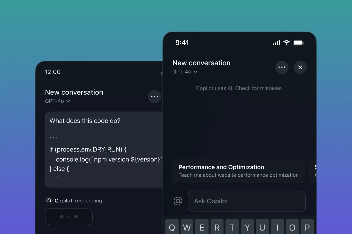 Phone screens showing GitHub Copilot in the GitHub Mobile app.