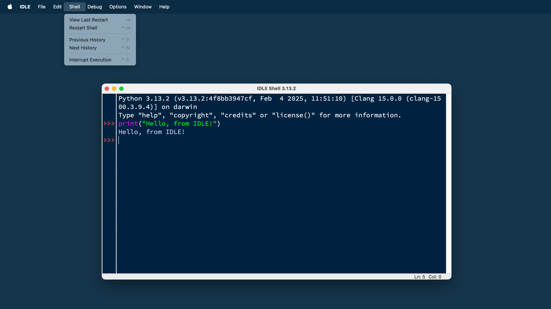 the menu bar for IDLE with the Shell menu brought up showing the options of view last restart, restart shell, and interrupt execution