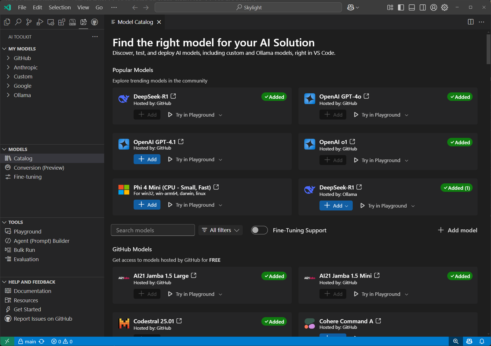 Screenshot showing the AI Toolkit Model Catalog interface with various AI model options