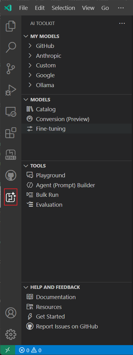 Screenshot showing the AI Toolkit icon in the VS Code Activity Bar after installation