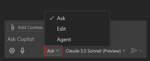 Screenshot of the Chat view, highlighting the dropdown to to change the chat mode to 'Ask'.