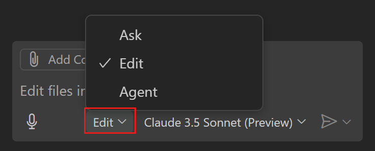 Screenshot of the Chat view, highlighting the dropdown to to change the chat mode to 'Edit'