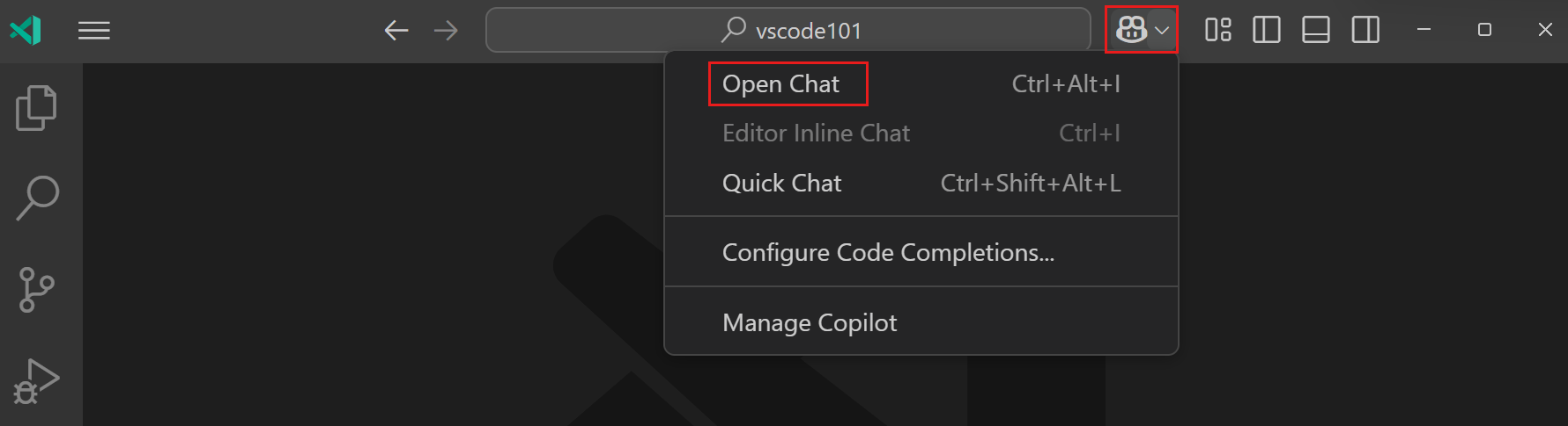 Screenshot of the VS Code editor, showing the Copilot menu, highlighting the Open Chat option.