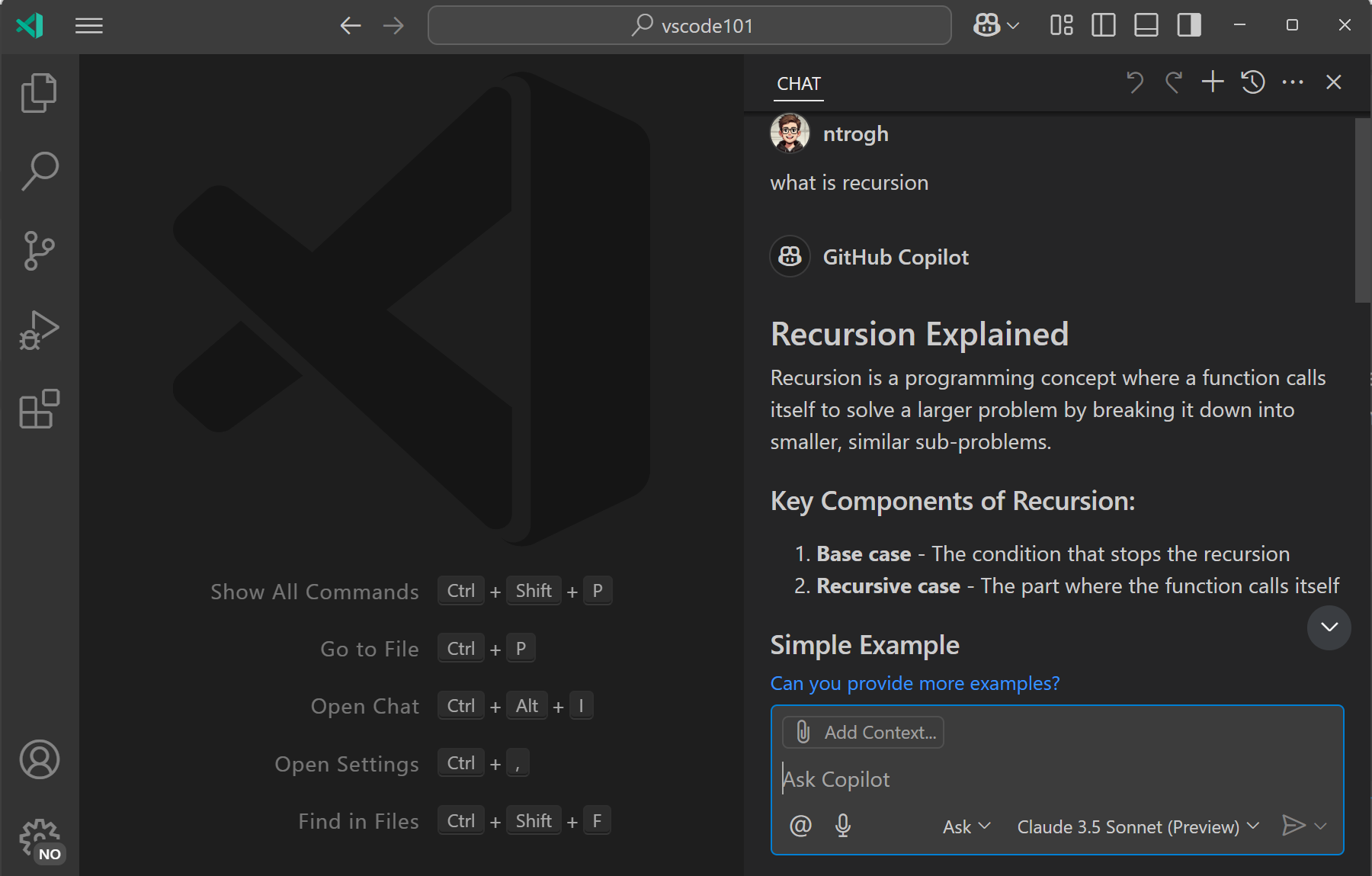 Screenshot of VS Code editor, showing the Chat view containing the answer to what recursion is.