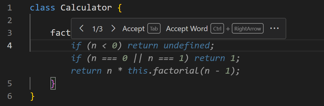 Screenshot of VS Code editor, showing Copilot giving multiple suggestions for  when hovering over it.