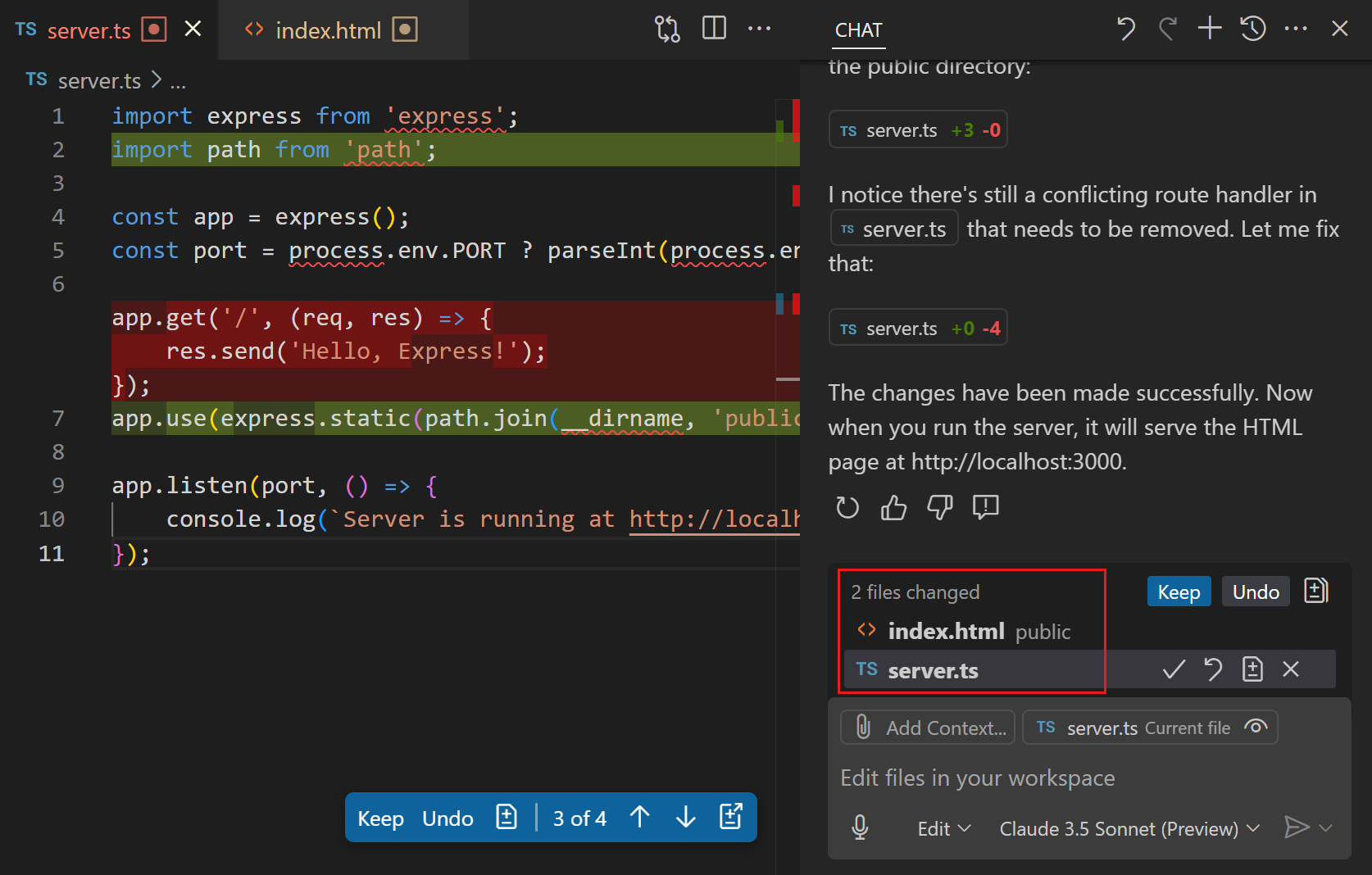 Screenshot of VS Code editor, showing the chat response for returning a static HTML page in the web server response.