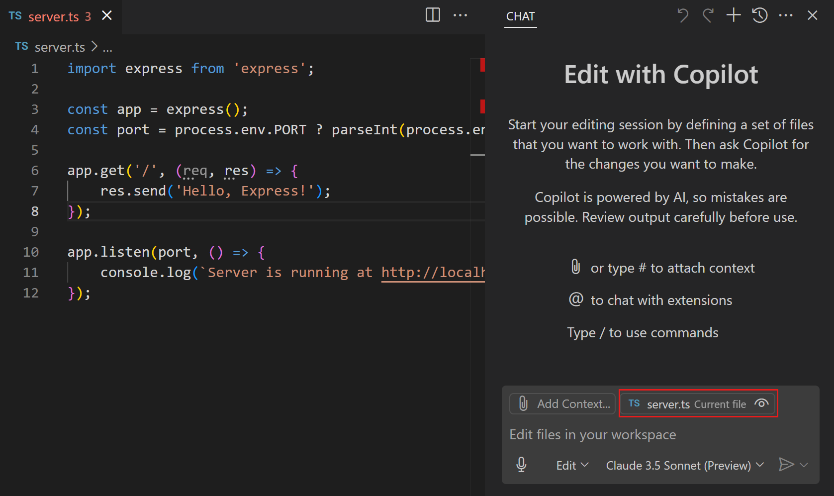 Screenshot of the Chat view, showing the prompt input field with the  file.