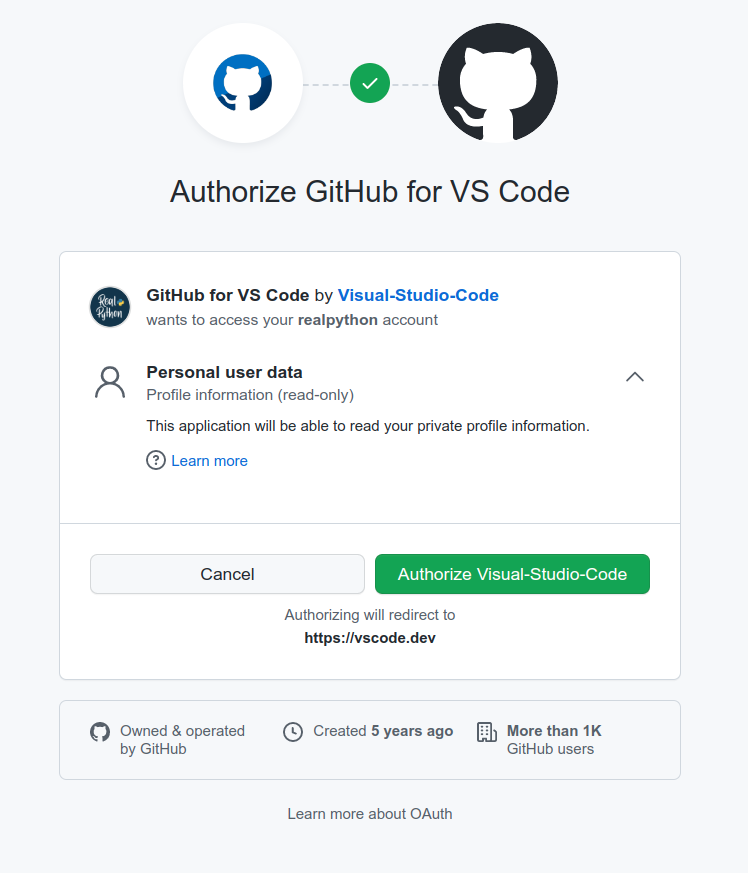Authorize GitHub for VS Code