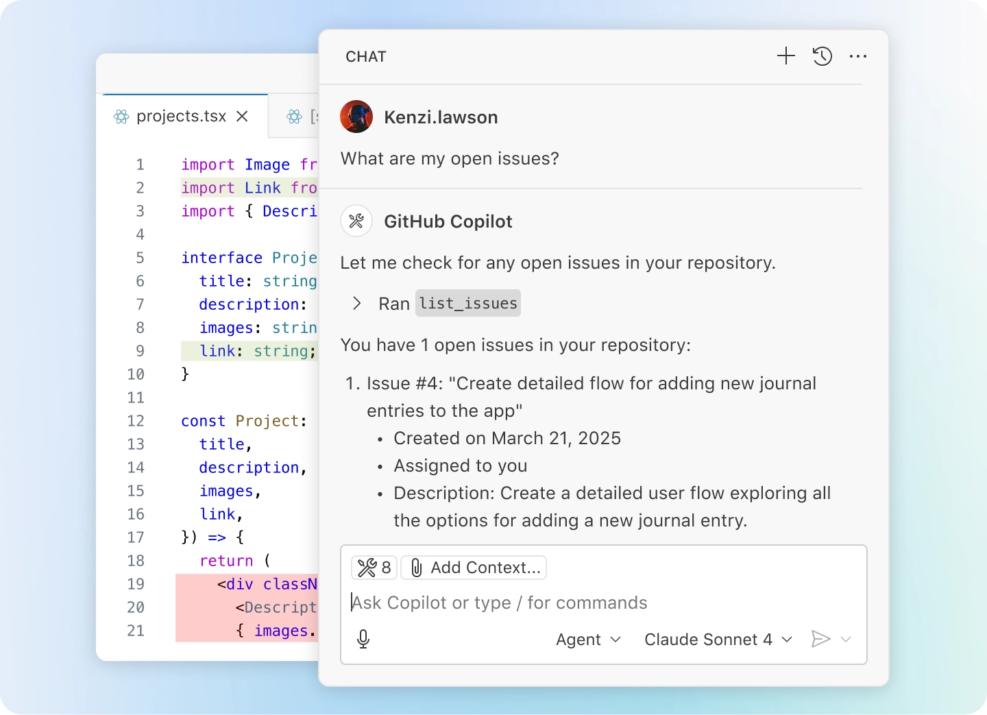 VS Code window showing a code editor with projects.tsx open, alongside a chat panel in Agent mode. The chat discusses an open issue from GitHub.