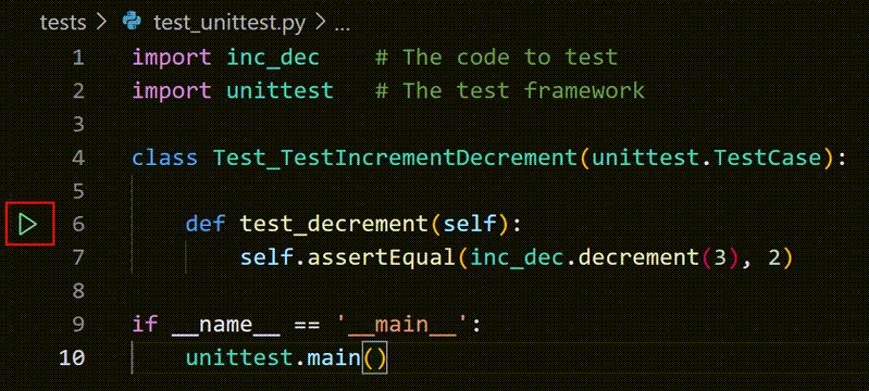 Run test icon displayed on the gutter when the test file is open in the editor