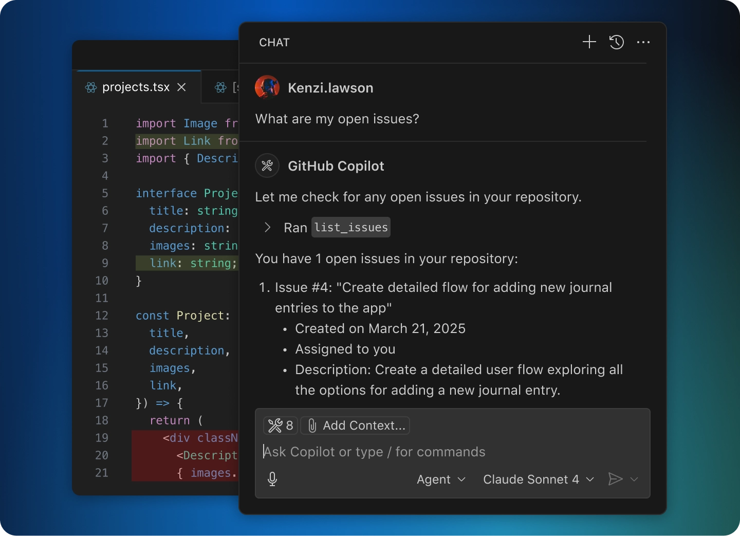 VS Code window showing a code editor with projects.tsx open, alongside a chat panel in Agent mode. The chat discusses an open issue from GitHub.