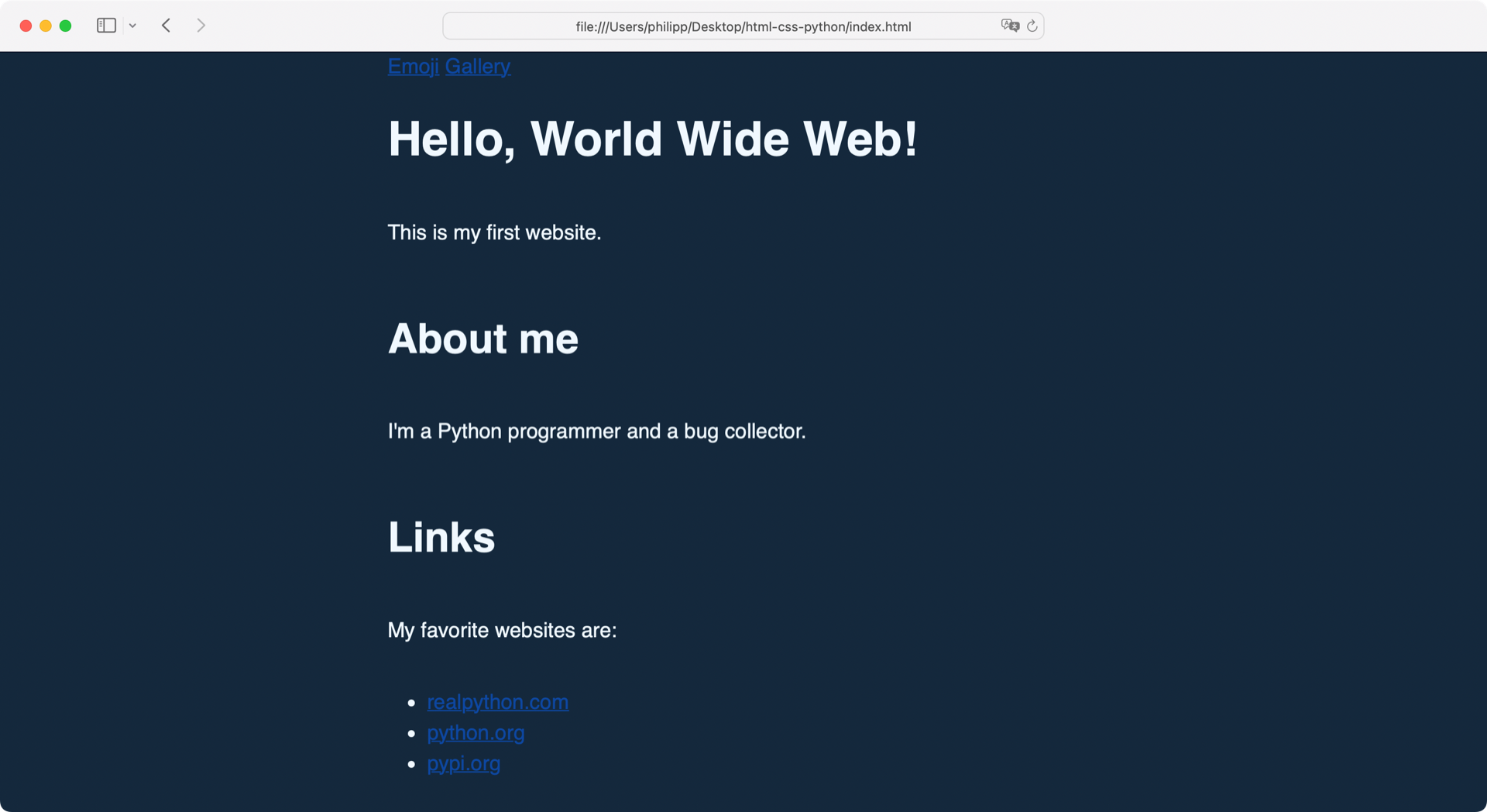 Screenshot of an HTML page with local and external CSS.