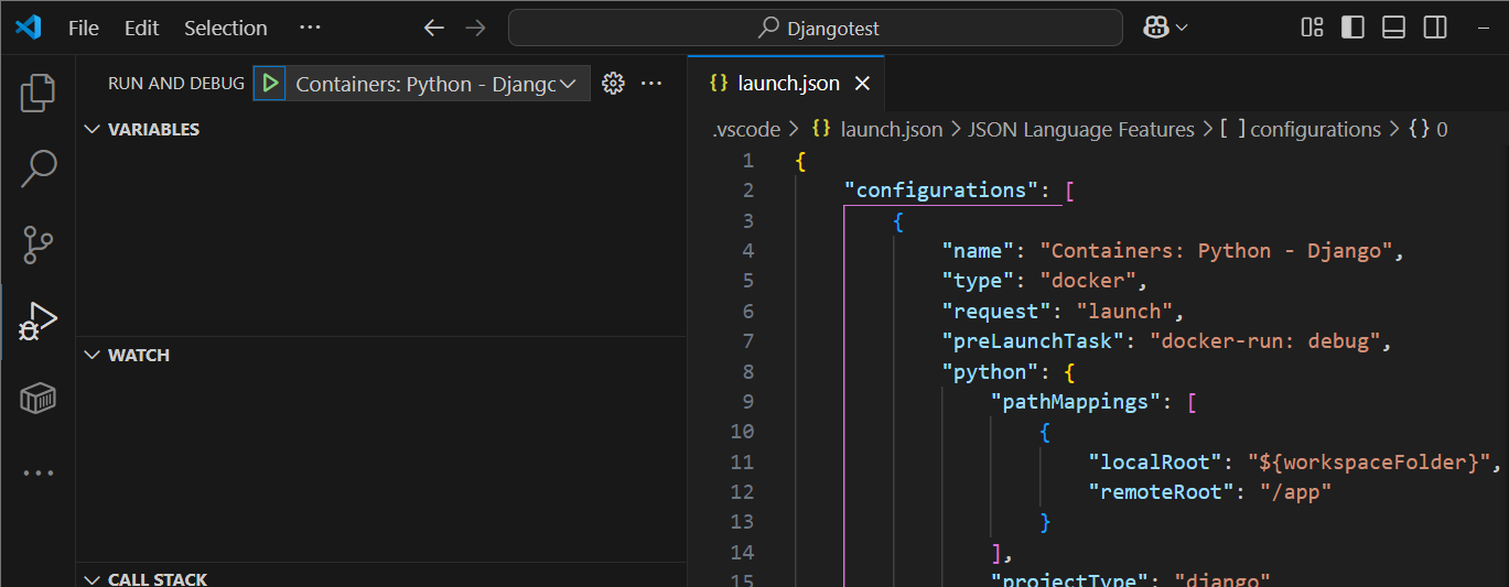Selected container debug configuration