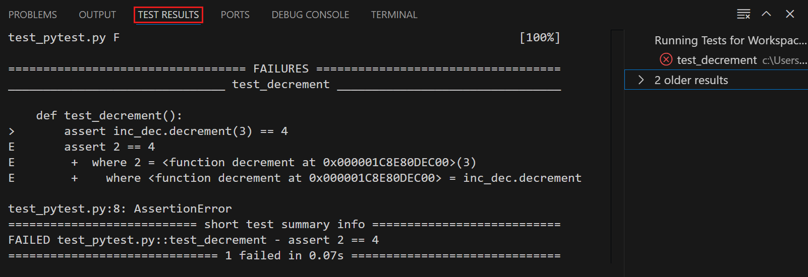 Test results in the Test Results panel