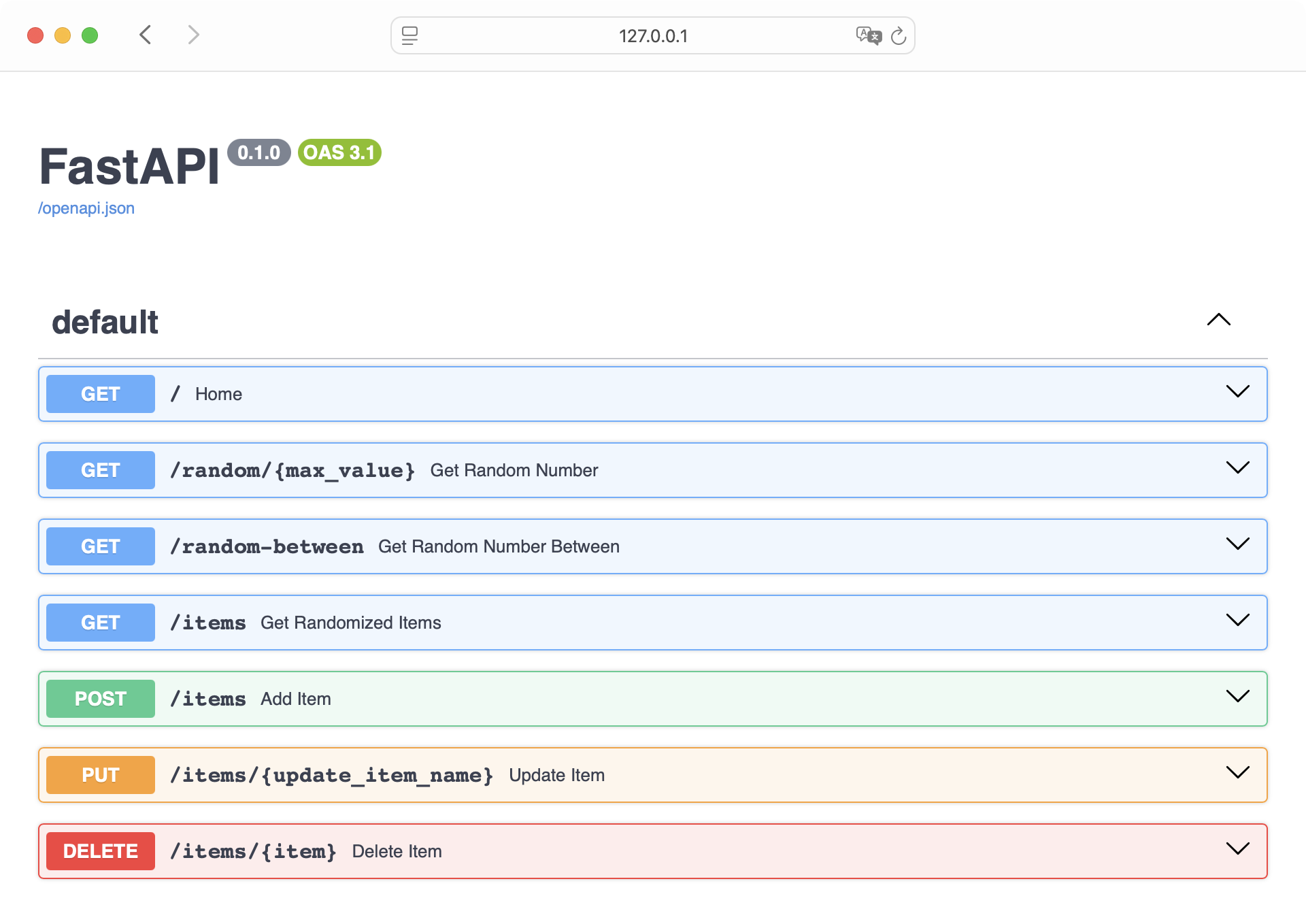 Default Swagger UI view of an API