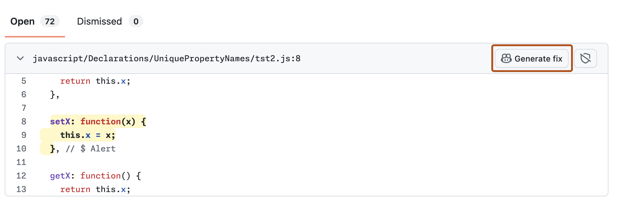 [修正の生成] ボタンのスクリーンショット。