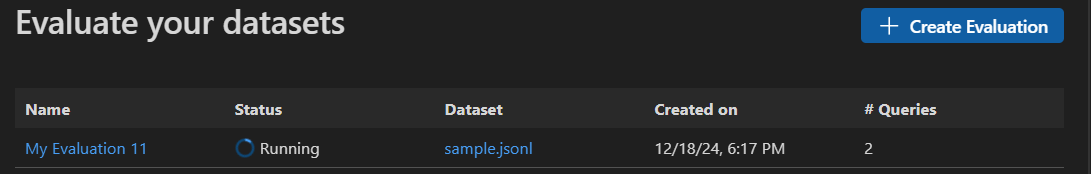 Screenshot showing a running evaluation in AI Toolkit.
