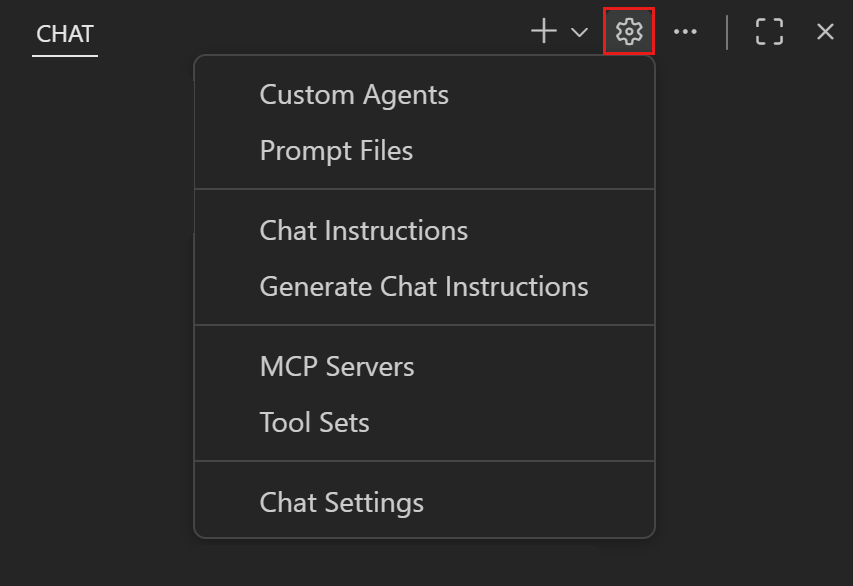 Screenshot showing the Chat view and Configure Chat menu, highlighting the Configure Chat button.
