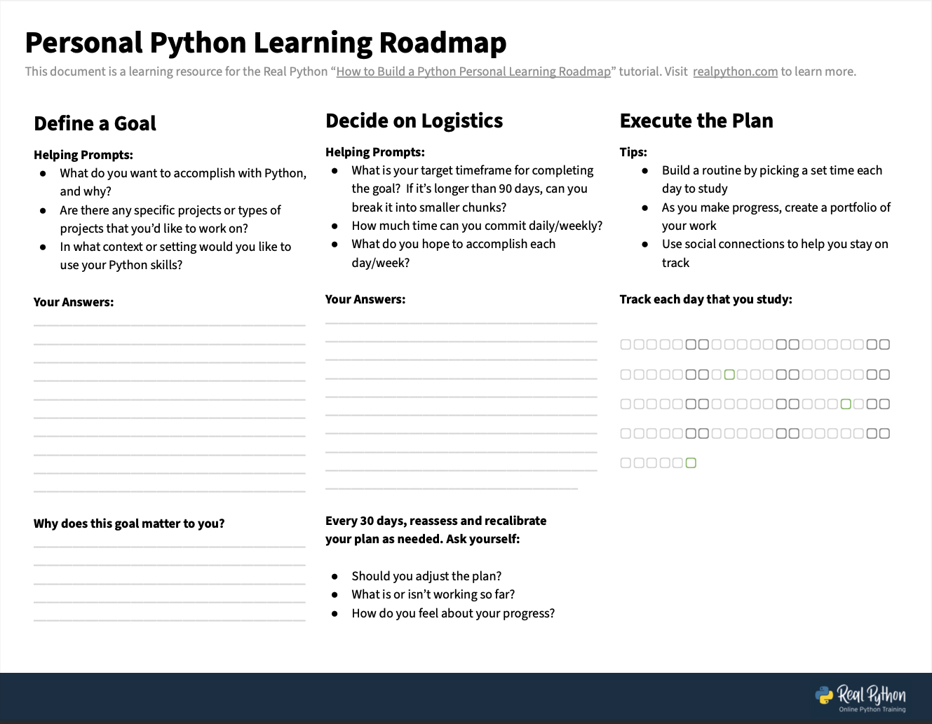A Python Learning Roadmap Sheet that you can fill and print