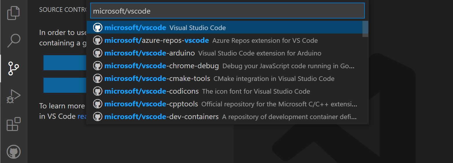 Screenshot showing the GitHub repository Quick Pick filtered on microsoft/vscode.