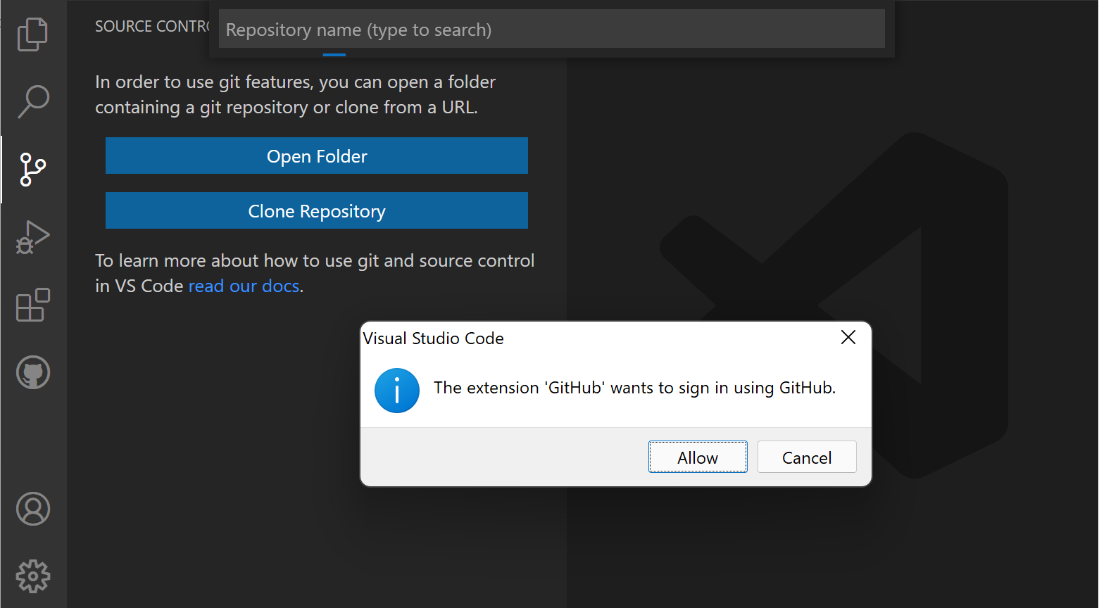 Screenshot showing the GitHub authentication dialog.