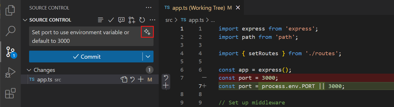 Screenshot that shows the Generate Commit Message in the commit message input box.
