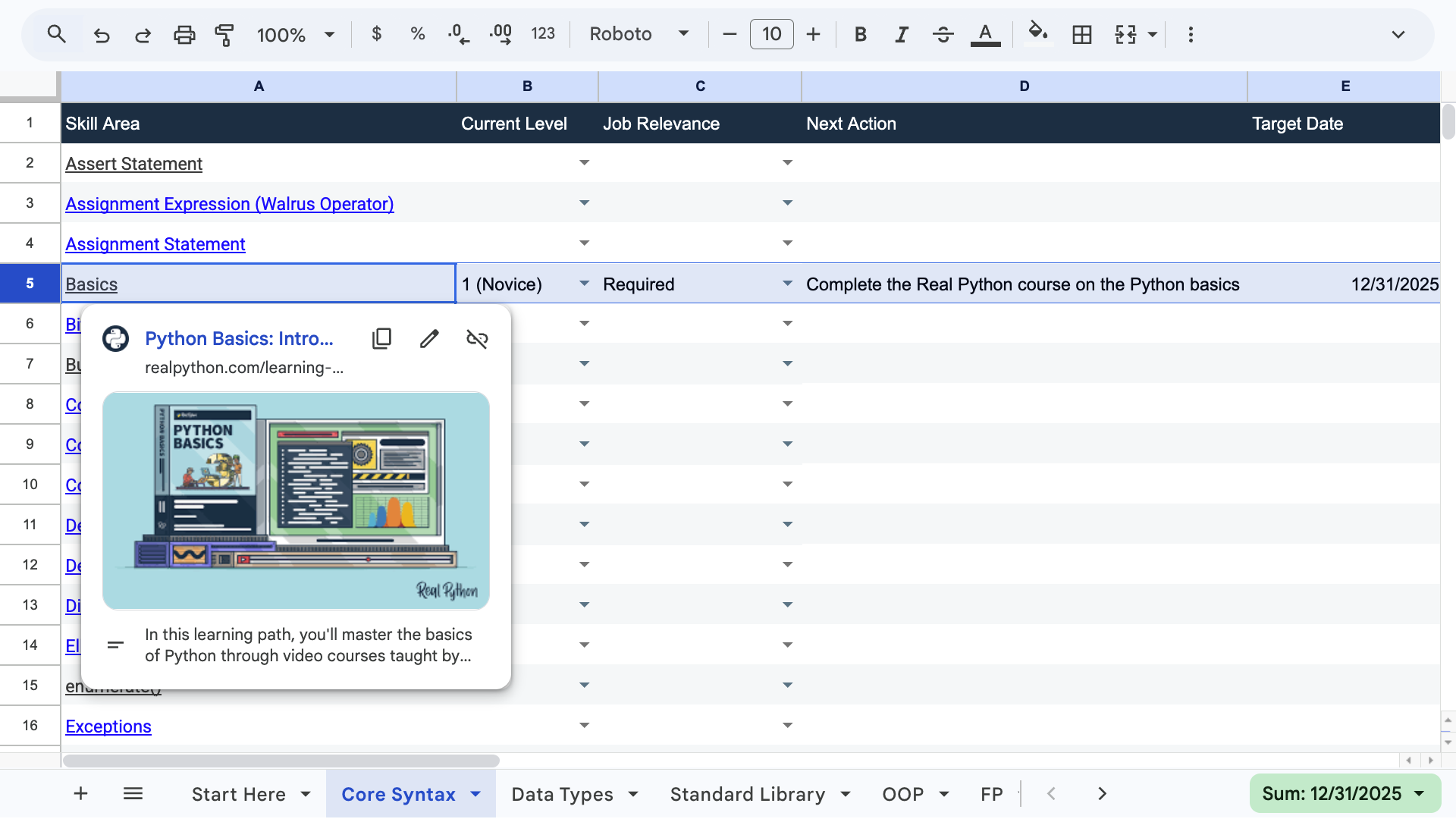 The Python skills worksheet as a table with one row filled out and a link showing on hover