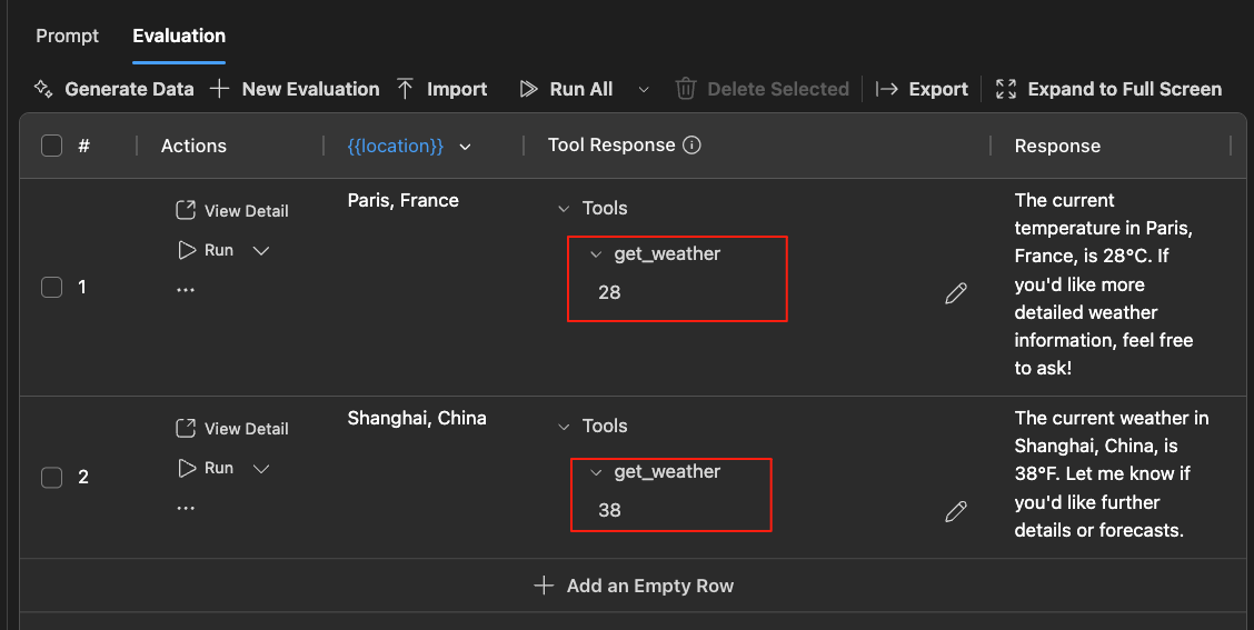 Screenshot showing function calling tool usage in the evaluation tab.
