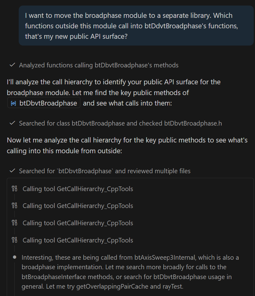 Screenshot of the Chat view, showing a prompt to migrate a module into a separate library and thus requesting a dependency analysis, which invokes the get symbol call hierarchy tool.