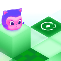 Mona sits on a raised green block beside another block displaying a circular refresh-style icon.