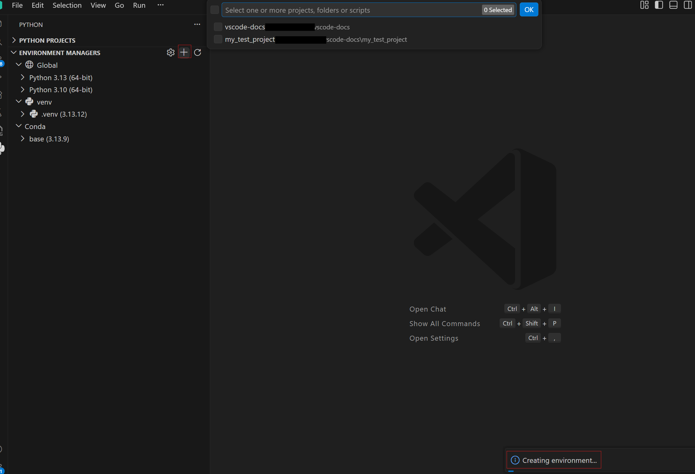 Screenshot showing the Quick Create flow with the plus button in the Environment Managers view header, a prompt to select projects, and a status bar notification indicating the environment is being created.