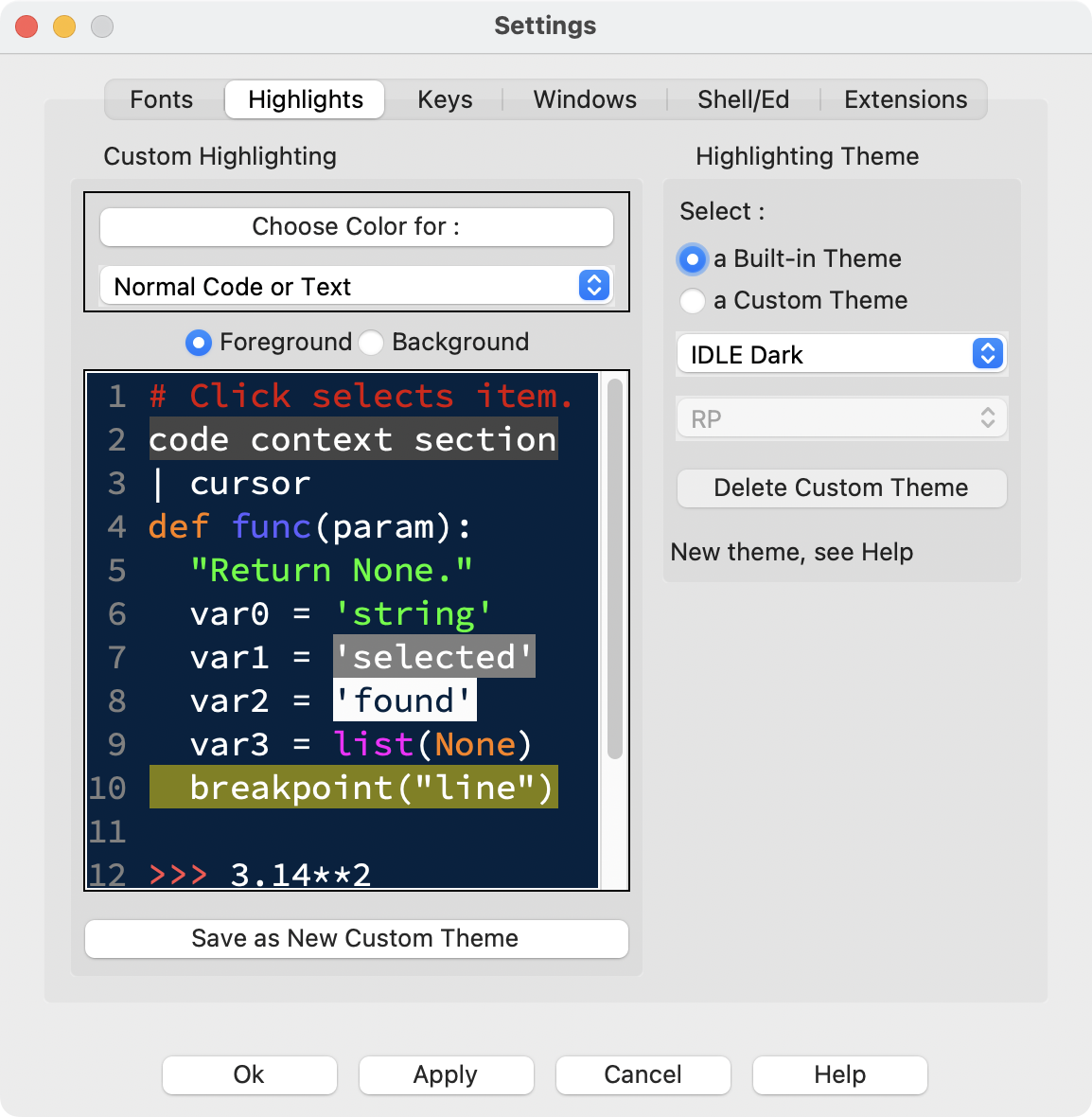 shows the syntax highlighting customization pane