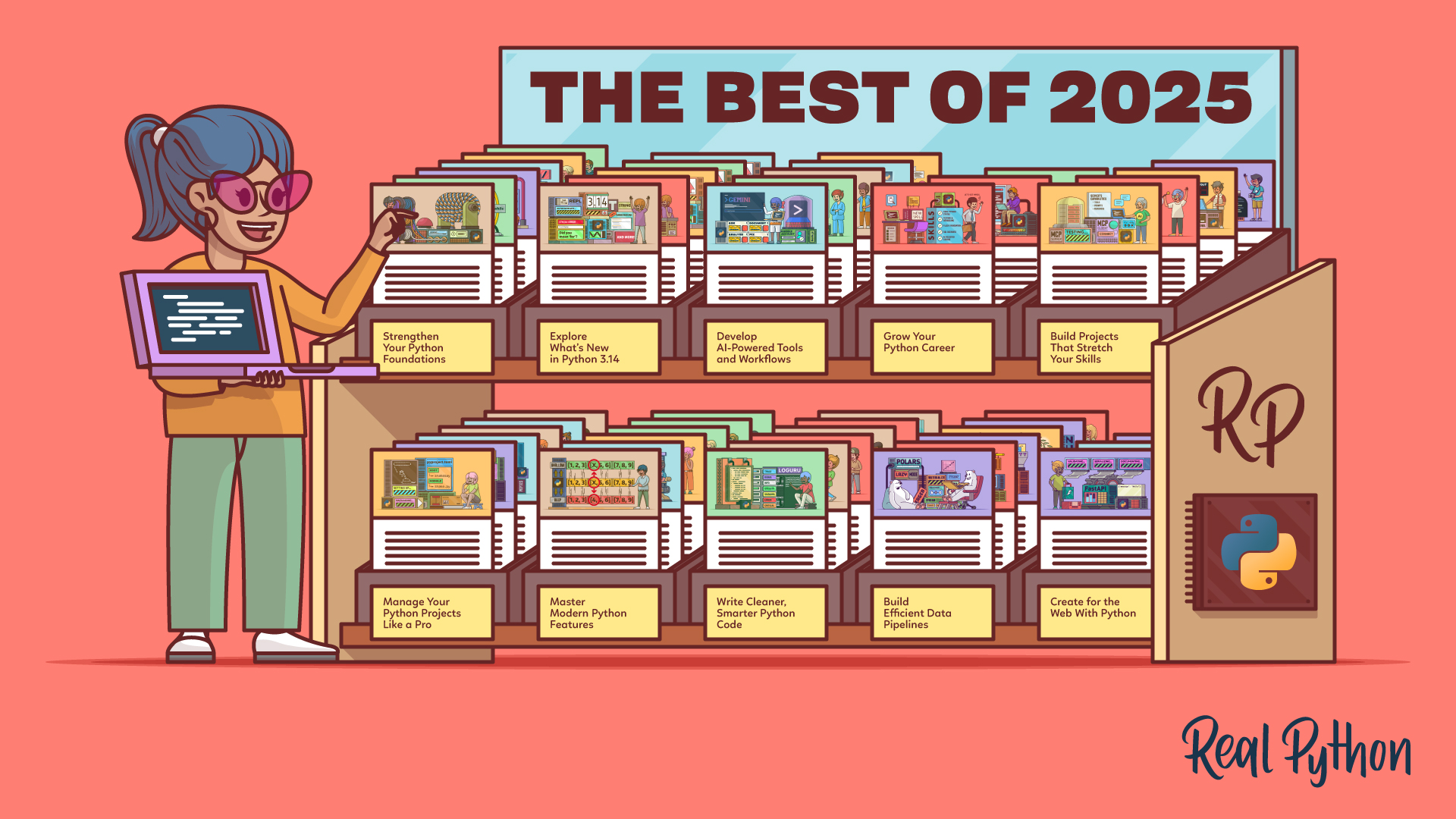 A person with colorful glasses standing in front of a showcase of many cards representing different Real Python tutorials. Each card shows the original artwork of the tutorial.