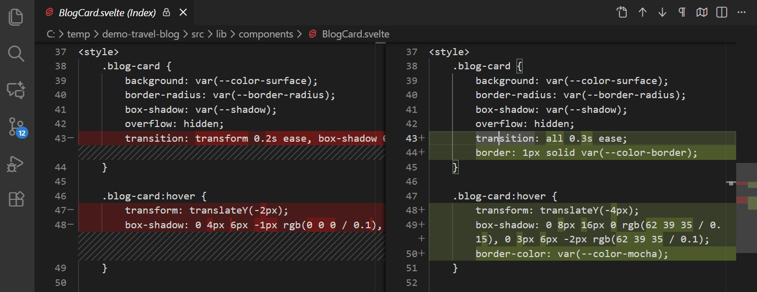 Screenshot of the diff editor showing changes between file versions.