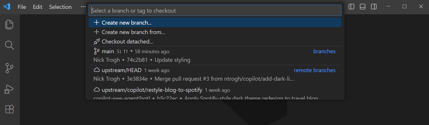 Screenshot of the branch Quick Pick showing options to switch to a branch or create a new branch.